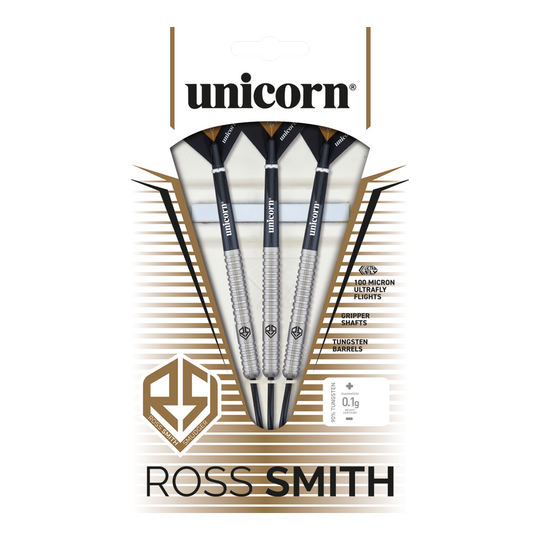 Das Bild zeigt die "Unicorn Ross Smith Natural Steeldarts" in ihrer Verpackung. Drei Steeldarts mit schwarzen Schäften und silbernen Barrels sind sichtbar.