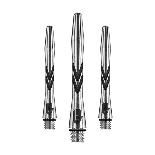 C648_Red_Dragon_Gerwyn_Price_V-Groove_Aluminium_Shafts_Black_36mm_1 Das Bild zeigt drei silberne Dartschäfte mit schwarzen V-förmigen Rillen. Es handelt sich um die "Red Dragon Gerwyn Price V-Groove Black Aluminium Shafts - 36 mm".