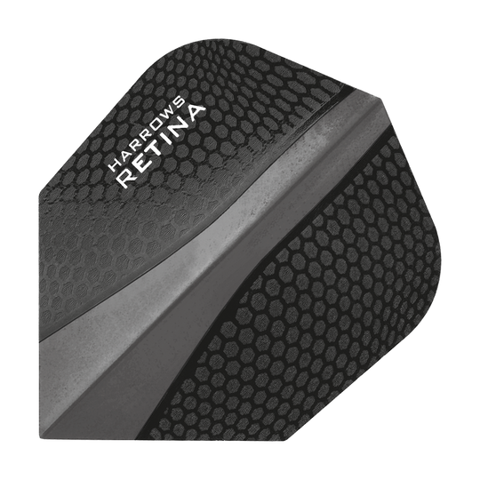 HR67_Harrows_Retina_Schwarz_No2_Standard_Flights_1 Das Bild zeigt einen schwarzen Dartflight mit dem Aufdruck "Harrows Retina". Das Design besteht aus einem Wabenmuster und einem glänzenden Streifen in der Mitte.