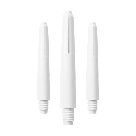 581_Nylon_Shafts_Schneeweiss_35mm_1qNc3M5fQ81IAP Das Bild zeigt drei weiße Nylon-Schäfte mit Gewinde. Sie sind gleichmäßig angeordnet und tragen den Namen "Schneeweiß".