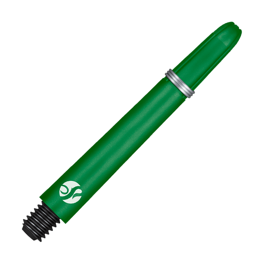 Wałki karbonowe Shot Koi - zielone Dies ist ein grüner Dart-Schaft mit einem Metallring und einem schwarzen Gewinde. Er hat ein weißes Logo am unteren Ende.