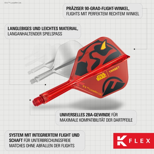 Target Star Wars K-Flex Darth Maul No6 Flights Auf dem Bild sieht man die Target Star Wars K-Flex Darth Maul No6 Flights. Die Dartflights zeigen ein Darth Maul Motiv aus dem Star Wars Universum.