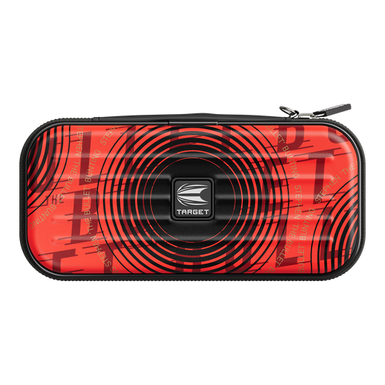 Etui na lotki Target Takoma Stephen Bunting Das Bild zeigt das Target Takoma Stephen Bunting Dartcase in einem auffälligen roten Design mit schwarzen Kreisen. In der Mitte befindet sich das Target-Logo und das Etui hat einen Reißverschluss.