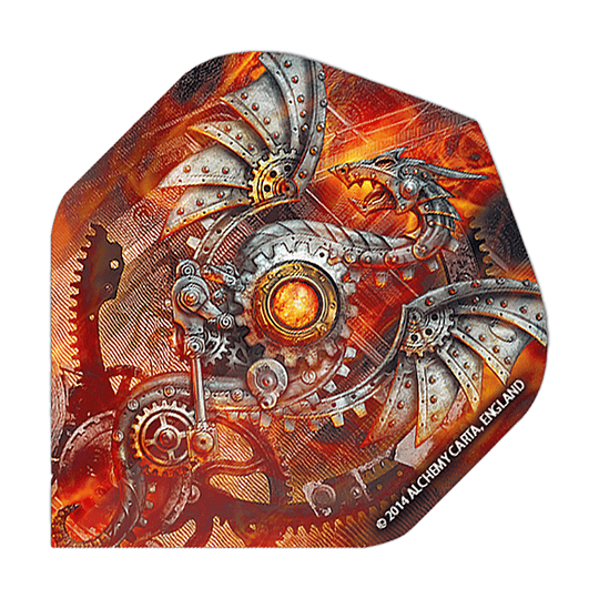 Das Bild zeigt ein Dartflight mit einem mechanischen Drachen-Design in Steampunk-Optik. Die Farben sind überwiegend orange und silber, mit vielen Zahnrädern und Metallstrukturen.