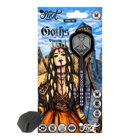 Lotki Shot Goths Visara Turbo Point Steel Darts - 23g Abgebildet sind die Shot Goths Visara Turbo Point Steeldarts mit einem Gewicht von 23 Gramm. Diese hochwertigen Darts bieten ein elegantes Design und eine ausgezeichnete Flugeigenschaft.