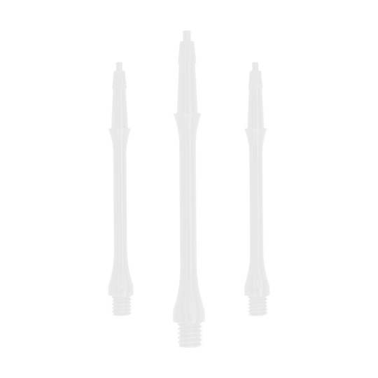 Das Bild zeigt drei weiße Harrows Clic Slim Shafts. Sie sind gerade und haben ein schlankes Design für Dartpfeile.