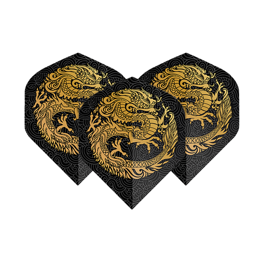 Pentathlon Flights Dragon czarny Das Bild zeigt drei Dart-Flights mit einem auffälligen goldenen Drachen-Design auf schwarzem Hintergrund. Die Flights sind vom Typ "Pentathlon Dragon 2 Standard".