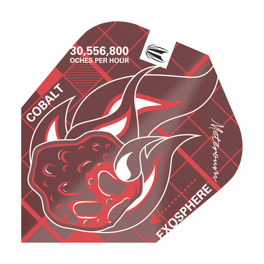 Das Bild zeigt das Produkt "Target Blueprint Pro Red Ten-X Flights" mit einem roten, flammenden Meteoriten-Design. Auf dem Flight stehen die Wörter „COBALT“, „EXOSPHERE“, „Meteorum“ sowie die Geschwindigkeit „30,556,800 OCHES PER HOUR“.