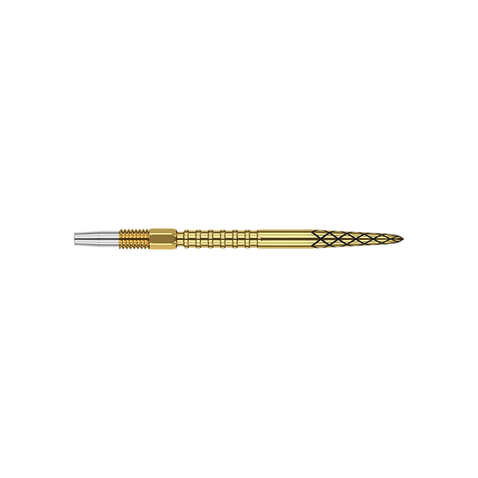 Das Bild zeigt eine goldfarbene Dartspitze mit einem feinen Rautenmuster. Der hintere Teil der Spitze ist silberfarben und geriffelt.