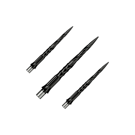 Stalowe groty do lotek Caliburn System - Spiro - Bez warg - Czarne Zu sehen ist ein Set von Caliburn Evo System Steeldartspitzen Spiro NoLip Black, 28 mm. Die Spitzen eignen sich für professionelle Steeldartspiele.