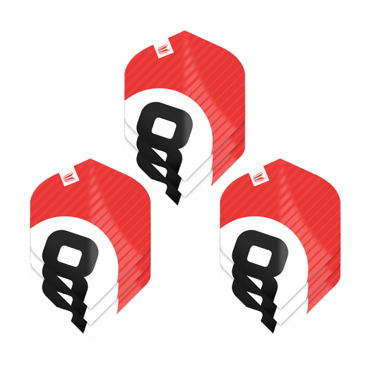 337210_Target_ProUltra_3Sets_Chicane_Red_No2_Standard_Flights_1Ewm4iFdNTX8XM Das Bild zeigt drei Sätze der Target Pro Ultra Chicane Red No2 Standard Flights. Die Flights sind rot mit einem weißen Kreis und einer großen schwarzen Zahl in der Mitte gestaltet.