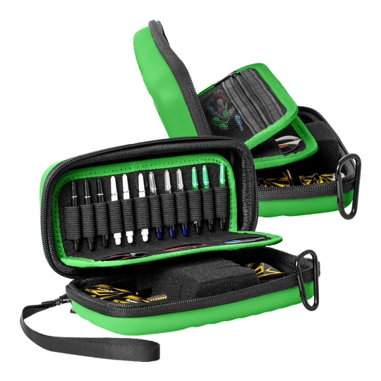 Etui na lotki Bulls Orbis S – zielone Das Bild zeigt das Bulls Orbis S Dartcase in der Farbe Grün. Die Tasche bietet ein sicheres Fach für Darts und Zubehör.