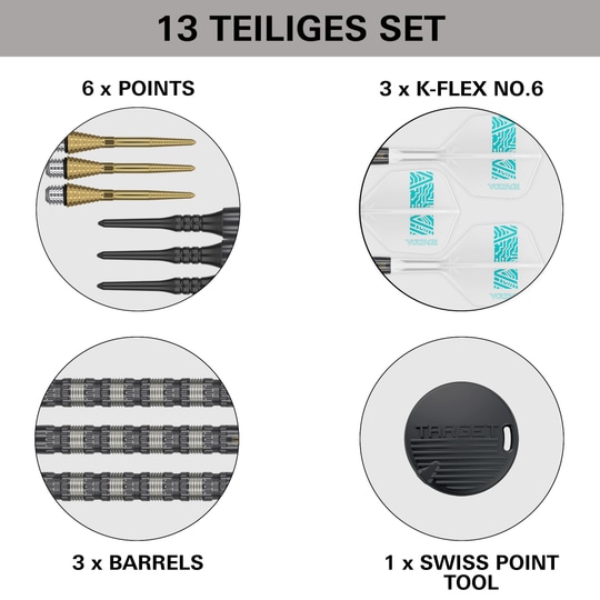 Lotki miękkie Target Rob Cross 95K Swiss Point – 18 g Dieses Bild zeigt den Lieferumfang des "Target Rob Cross 95K Swiss Point Softdarts - 18g" Sets. Enthalten sind 6 Spitzen, 3 Flights, 3 Barrels und 1 Swiss Point Tool.