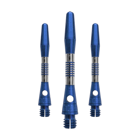 Dieses Bild zeigt blaue BullsNL Cetra Aluminium Shafts mit einer Länge von 34 mm. Es handelt sich um ein Set für Dartpfeile.