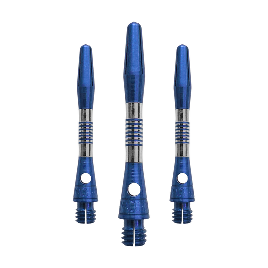 Wałki aluminiowe Bulls NL Cetra – niebieskie Dieses Bild zeigt blaue BullsNL Cetra Aluminium Shafts mit einer Länge von 34 mm. Es handelt sich um ein Set für Dartpfeile.