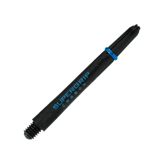 HR365_Harrows_Supergrip_Carbon_Shafts_Aqua_47mm_2 Das Bild zeigt einen Harrows Supergrip Carbon Shaft in der Farbe Aqua. Der Schaft ist schwarz mit blauer Aufschrift und einem blauen Ring.