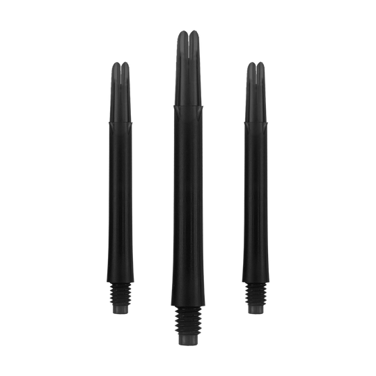 L-L-Style-Shafts Locked Straight - Black Auf dem Bild sind drei schwarze Dartschäfte in gerader Form zu sehen. Sie stehen aufrecht nebeneinander und haben am unteren Ende ein Gewinde.