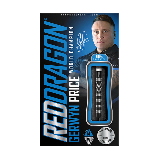 Auf dem Bild ist die Verpackung der "Red Dragon Gerwyn Price World Champion 2021 Special Edition Steeldarts" zu sehen. Auf der Vorderseite sind ein Foto von Gerwyn Price, seine Unterschrift und ein Dartpfeil abgebildet.