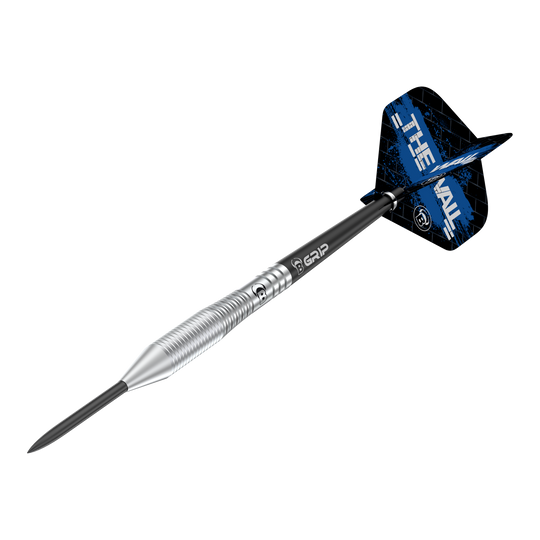 Das Bild zeigt einen Steeldart namens "Bulls Martin Schindler TW80". Der Dart hat einen silbernen, geriffelten Schaft und blaue Flights mit der Aufschrift "THE WALL".