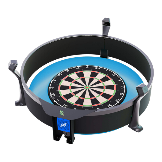 Das Bild zeigt das Produkt "Scolia Home 2 FLEX – Electronic Score System mit Beleuchtungsring". Es handelt sich um ein elektronisches Punktesystem für Dartboards mit integriertem LED-Leuchtring.