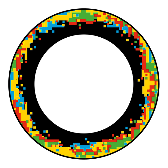 Das Bild zeigt ein Produkt mit der Bezeichnung 'MSF-H1_McDart_Pixel_Dartboard_Surround_Schwarz_2'. Es handelt sich um einen schwarzen Surround für ein Dartboard.
