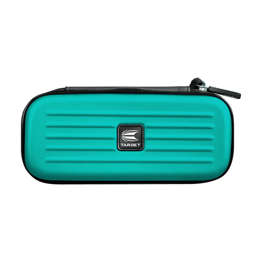 Dies ist das Produkt "Target Takoma Dartwallet". Es ist ein türkisfarbenes Etui mit Reißverschluss und einem Target-Logo auf der Vorderseite.