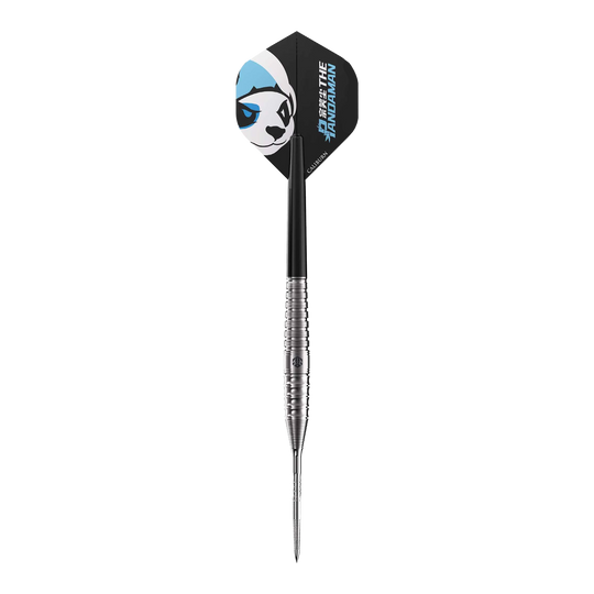 Das Bild zeigt einen Steeldartpfeil des Produkts "Caliburn Player The Pandaman Essential Steeldarts - 23g". Auf dem Flight ist ein Panda-Kopf und der Schriftzug "The Pandaman" abgebildet.