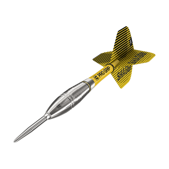 190222_Target_Scott_Williams_GEN1_Swiss_Point_Steeldarts_4 Dies ist ein Target Scott Williams GEN1 Swiss Point Steeldart. Der Dart hat eine silberne Spitze und einen gelb-schwarzen Schaft mit „PRO GRIP“-Aufschrift.