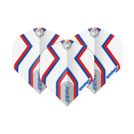 Winmau Prism Delta Epix No2 Standard Flights Das Bild zeigt drei Dartflights des Produkts "Winmau Prism Delta Epix No2 Standard Flights". Die Flights sind weiß mit roten und blauen Streifen sowie geometrischem Muster gestaltet.