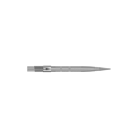 Końcówki do lotek Harrows Quick Point Micro Ridge – srebrne Das Bild zeigt Dartspitzen mit MicroRidge Struktur in Silber mit einer Länge von 26 mm. Die Dartspitzen sind nebeneinander angeordnet.