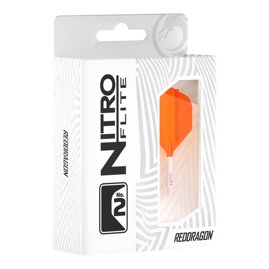 Zu sehen ist das Produkt Red Dragon Nitroflite White Shaft Orange Flights No2. Es besteht aus einem weißen Schaft und orangen Flights.