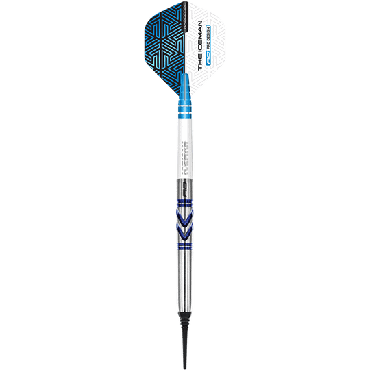 Das Bild zeigt einen Red Dragon Gerwyn Price Avalanche Pro Softdart mit einem Gewicht von 20g. Der Dart hat blaue und silberne Akzente sowie eine auffällige Flight mit Muster.