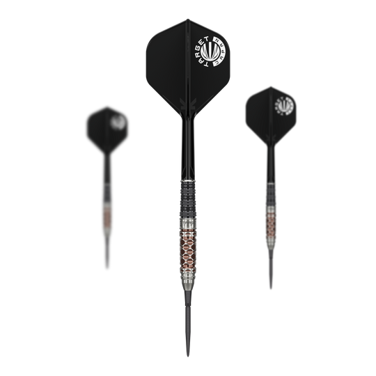 Lotki stalowe Charis GEN6 Swiss Point firmy Target Japan – 23 g Dieses Bild präsentiert das Set der Target Japan Charis GEN6 Swiss Point Steeldarts - 23g. Es zeigt alle enthaltenen Darts in einer Übersicht.