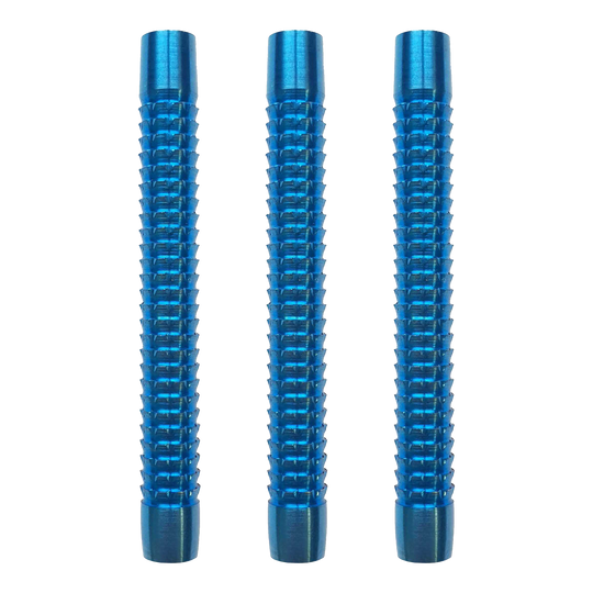 Miękkie lufy do rzutek McDart Blue Sky Das Bild zeigt drei blaue Softdart-Barrels der Marke McDart Blue Sky. Sie sind nebeneinander angeordnet und haben eine gerillte Oberfläche.