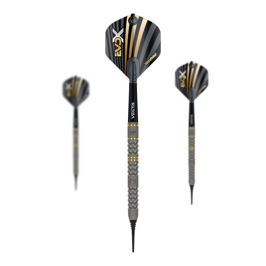 Miękkie rzutki Winmau Michael Van Gerwen Evo-X - 20g Das Bild zeigt drei Winmau Michael Van Gerwen Evo-X Softdarts mit einem Gewicht von 20g. Die Darts haben ein modernes Design mit schwarzen, goldenen und silbernen Akzenten.