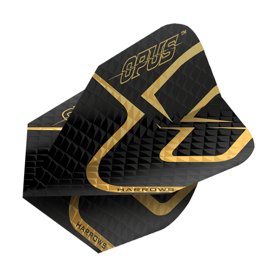 Opus Harrowa Wersja 2 Loty Das Bild zeigt das Produkt "Harrows Opus Version 2 Flights". Die Flights sind überwiegend schwarz mit goldenen Akzenten und Aufschrift.