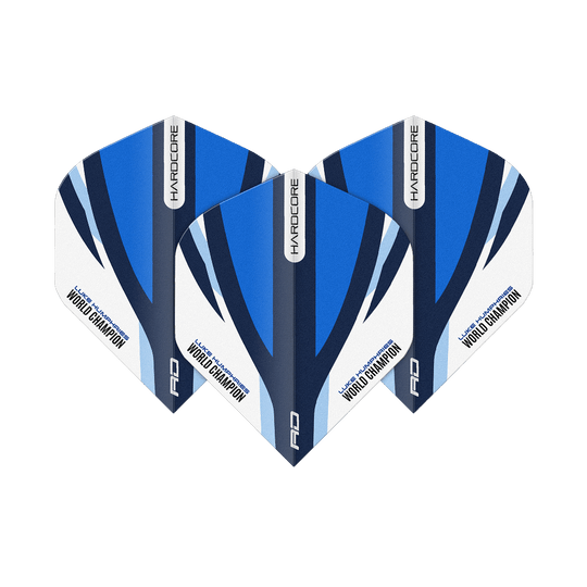 Das Bild zeigt drei Dartflights in Blau, Weiß und Schwarz mit der Aufschrift „HARDCORE“ und „Luke Humphries World Champion“. Es handelt sich um das Produkt „Red Dragon Hardcore Luke Humphries Blue White Standard Flights“.