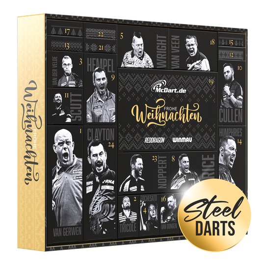 Der McDart Premium Adventskalender 2025 für Steeldart-Spieler ist auf diesem Bild zu sehen. Die Verpackung ist speziell für Darts-Enthusiasten gestaltet.