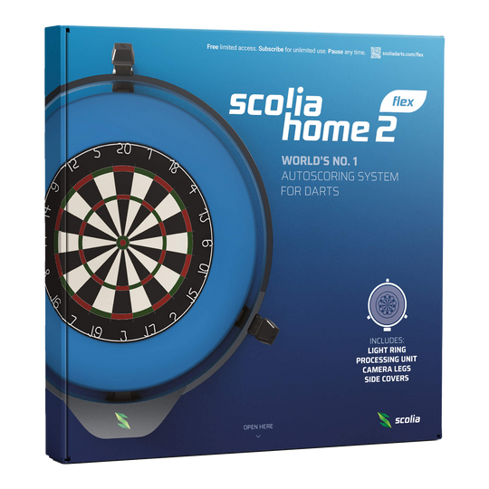 Scolia Home 2 FLEX – Elektroniczny system autopunktacji z pierścieniem świetlnym 2026 Die Verpackung zeigt das Produkt "Scolia Home 2 FLEX", ein elektronisches Punktesystem für Darts mit Beleuchtungsring. Auf der Vorderseite sind eine Abbildung eines Dartboards und Informationen zu den enthaltenen Komponenten zu sehen.