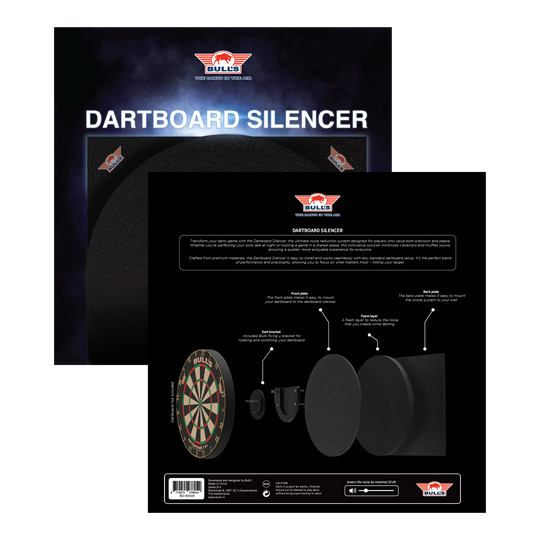 Tłumik tarczy do darta Bulls NL Das Bild zeigt das Produkt "Bulls NL Dartboard Silencer" in seiner Verpackung. Auf der Rückseite ist eine Grafik abgebildet, die die einzelnen Komponenten und deren Funktionen erklärt.