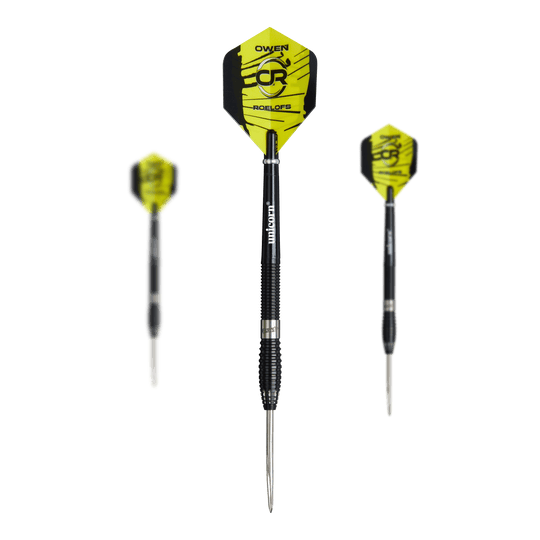 Das Bild zeigt drei Steeldarts aus der Serie "Unicorn Contender Owen Roelofs - 22g". Die Flights sind gelb-schwarz gestaltet und tragen den Namen und das Logo von Owen Roelofs.