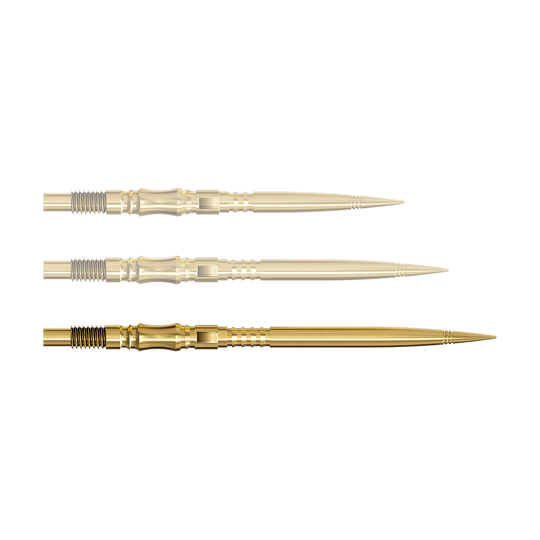 Końcówki do lotek Harrows Quick Point Axis Elite Series – złote Eine einzelne Dartspitze in Gold ist von nahe gezeigt. Die Spitze ist nach rechts ausgerichtet.
