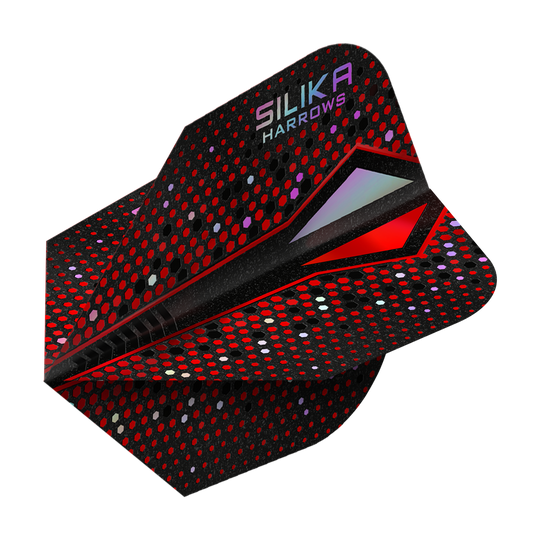 Powłoka krystaliczna Harrows Silika Colourshift Tough Crystalline Coating Red-X No6 Flights Das Bild zeigt das Produkt "Harrows Silika Colourshift Tough Crystalline Coating Red-X No6 Flights". Die Dart-Flights sind überwiegend schwarz mit roten und bunten Punkten und haben einen modernen, glänzenden Look.