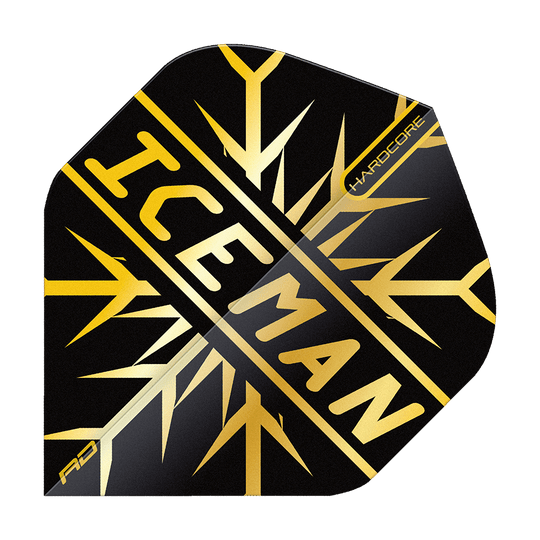 TF6844_Red_Dragon_Hardcore_Gerwyn_Price_Gold_Snowflake_Standard_Flights_1G0TLHM1TXTo8F Das Bild zeigt das Produkt "Red Dragon Hardcore Gerwyn Price Gold Snowflake Standard Flights". Es ist ein schwarzes Dart Flight mit goldenen Schneeflocken-Elementen und dem Schriftzug "ICEMAN".