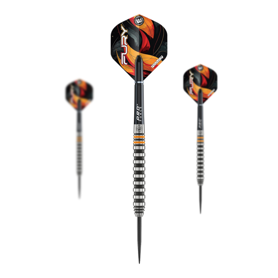 Stalowe lotki Winmau Fury - 22g Das Bild zeigt die Winmau Fury Steeldarts mit einem Gewicht von 22g. Diese Darts sind für Steeldartspieler geeignet.