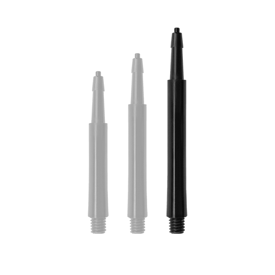 Das Bild zeigt drei schwarze Harrows Clic Standard Shafts in unterschiedlicher Länge. Sie sind als Zubehörteile für Dartpfeile gedacht.