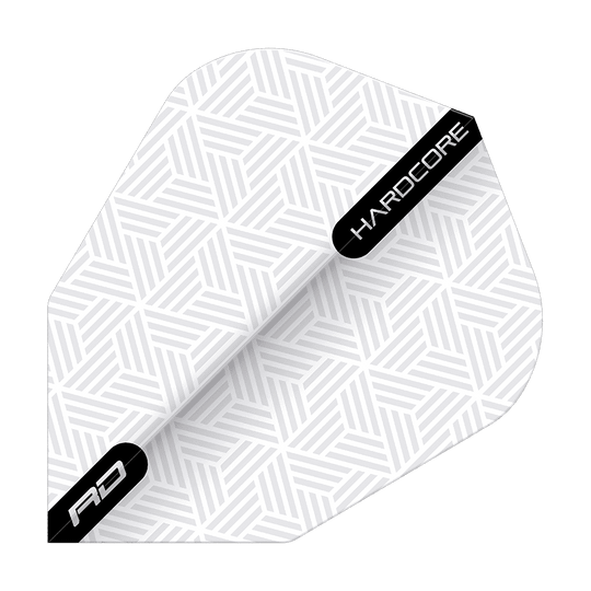 TF6848_Red_Dragon_White_V-Standard_Flights_1dzhv83mMcAohT Das Bild zeigt das Produkt "Red Dragon White V-Standard Flights". Die Flight ist weiß mit einem dezenten geometrischen Muster und schwarzen Akzenten, auf denen "HARDCORE" und "RD" steht.