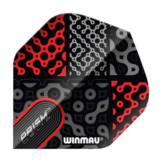Das Bild zeigt das Produkt "Winmau Prism Delta Cypher No2 Standard Flights". Es hat ein auffälliges Muster in Schwarz, Rot und Grau mit dem Winmau-Logo darauf.