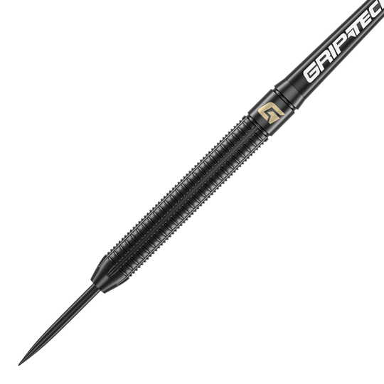 GOAT Athlete Black Brass Steeldarts - 13g Das Bild zeigt einen schwarzen Steeldart mit dem Namen "GOAT Athlete Black Brass Steeldarts - 13g". Der Dart hat eine geriffelte Oberfläche für besseren Halt und trägt den Schriftzug "GRIP-TEC".