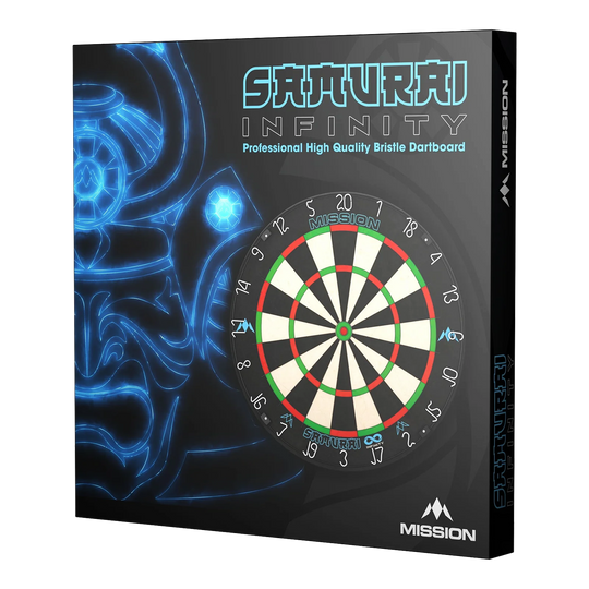 Tarcza do darta Mission Samurai Infinity ze stali Auf dem Bild ist die Verpackung des "Mission Samurai Infinity Steeldartboard" zu sehen. Die Box zeigt eine Abbildung eines Dartboards und ein leuchtendes Samurai-Motiv im Hintergrund.